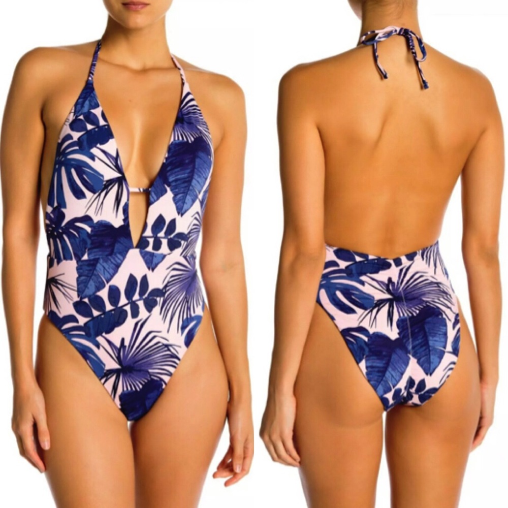 - The Bikini Lab Sz M Blue/Pink Tropical Plunge Maillot! NEW!